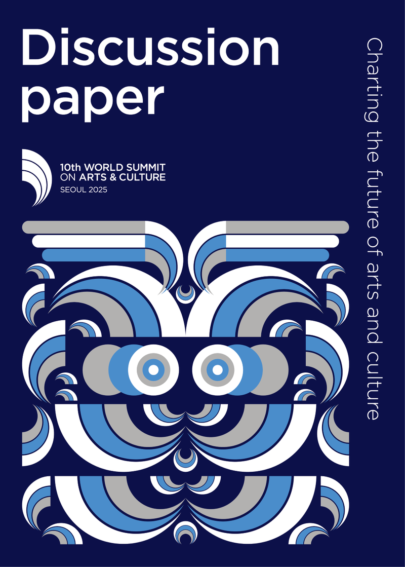 The cover of the Discussion Paper for the 10th World Summit on Arts and Culture. It has a navy-blue background with the 10th World Summit on Arts and Culture logo above a geometric pattern in white, light blue and light grey colours.